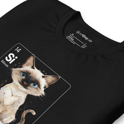 Black t-shirt featuring a cute Siamese cat illustration inside a periodic table-inspired square labeled 'Si' for Silicon, with the text 'Siamese In My Element' below.