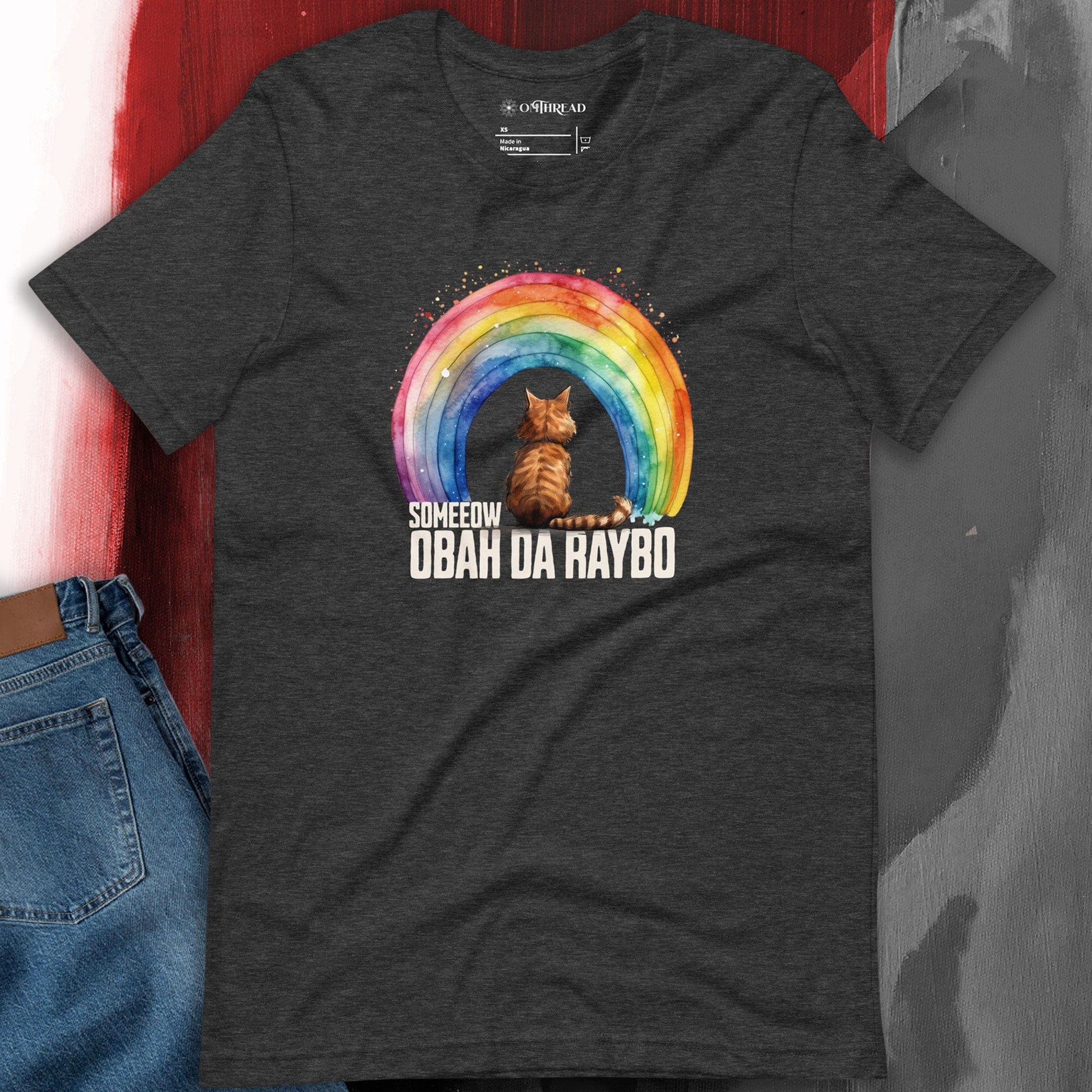 OMTHREAD Someeow Obah Da Raybo T-Shirt | Funny Cat Rainbow Graphic Tee