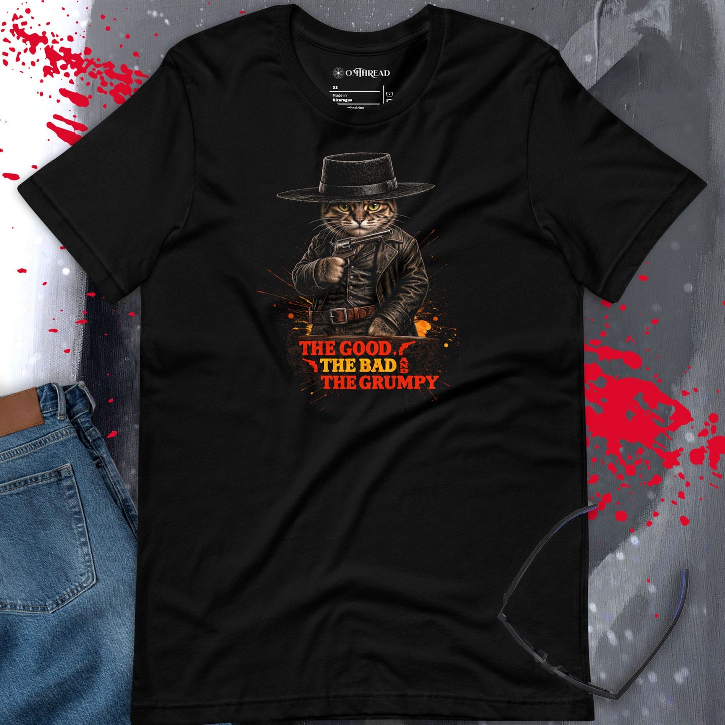 OMTHREAD Tabby Cat Gunslinger Cowboy Western Movie Graphic Tee