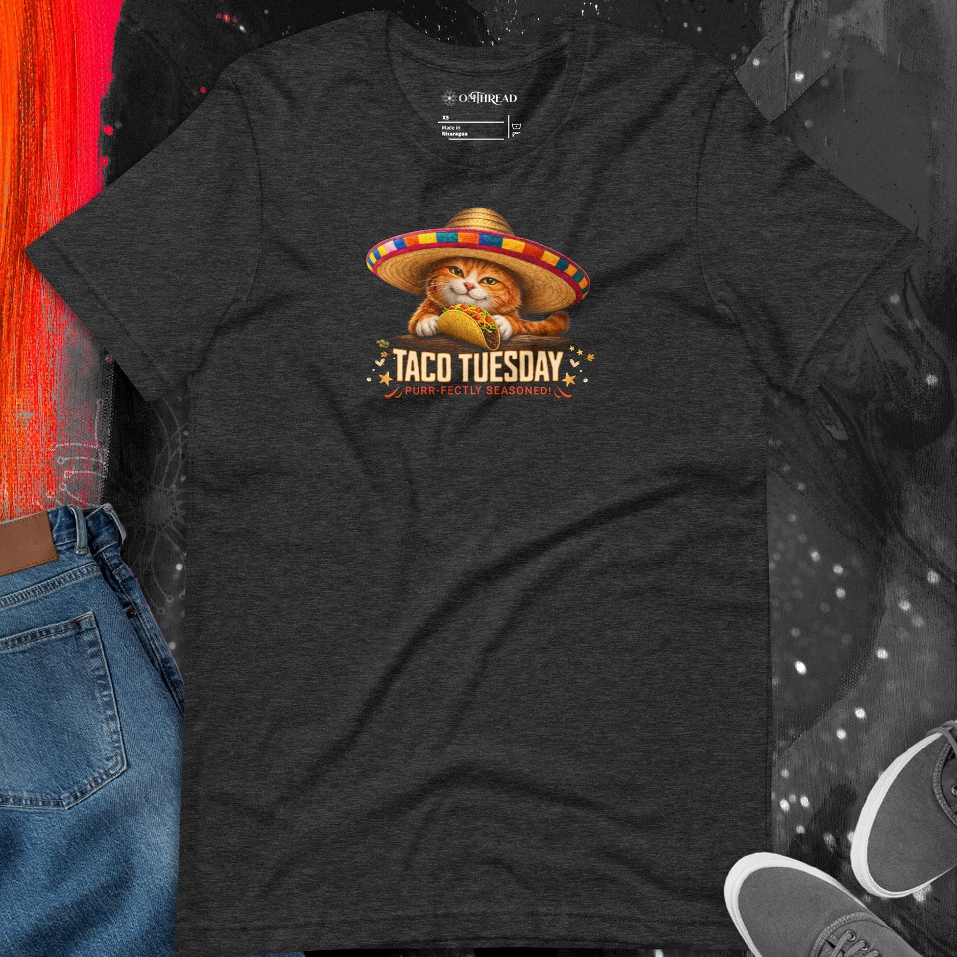 OMTHREAD Taco Tuesday Orange Cat Shirt Sombrero Fiesta Graphic Tee