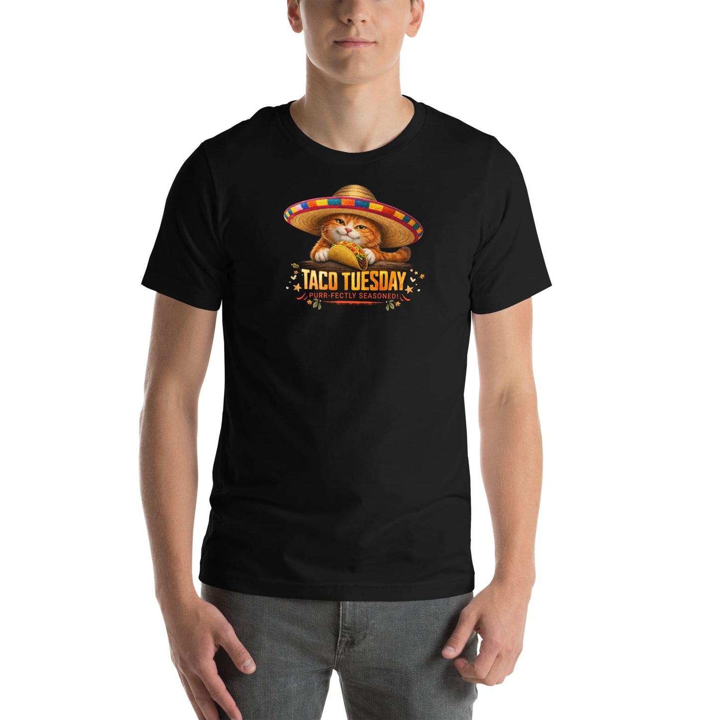 OMTHREAD Taco Tuesday Orange Cat Sombrero Shirt Fiesta Graphic Tee
