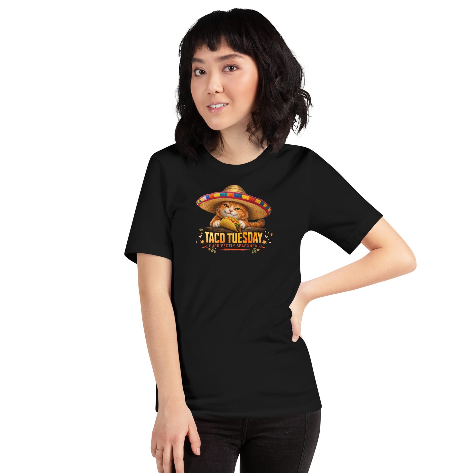 OMTHREAD Taco Tuesday Orange Cat Sombrero Shirt Fiesta Graphic Tee