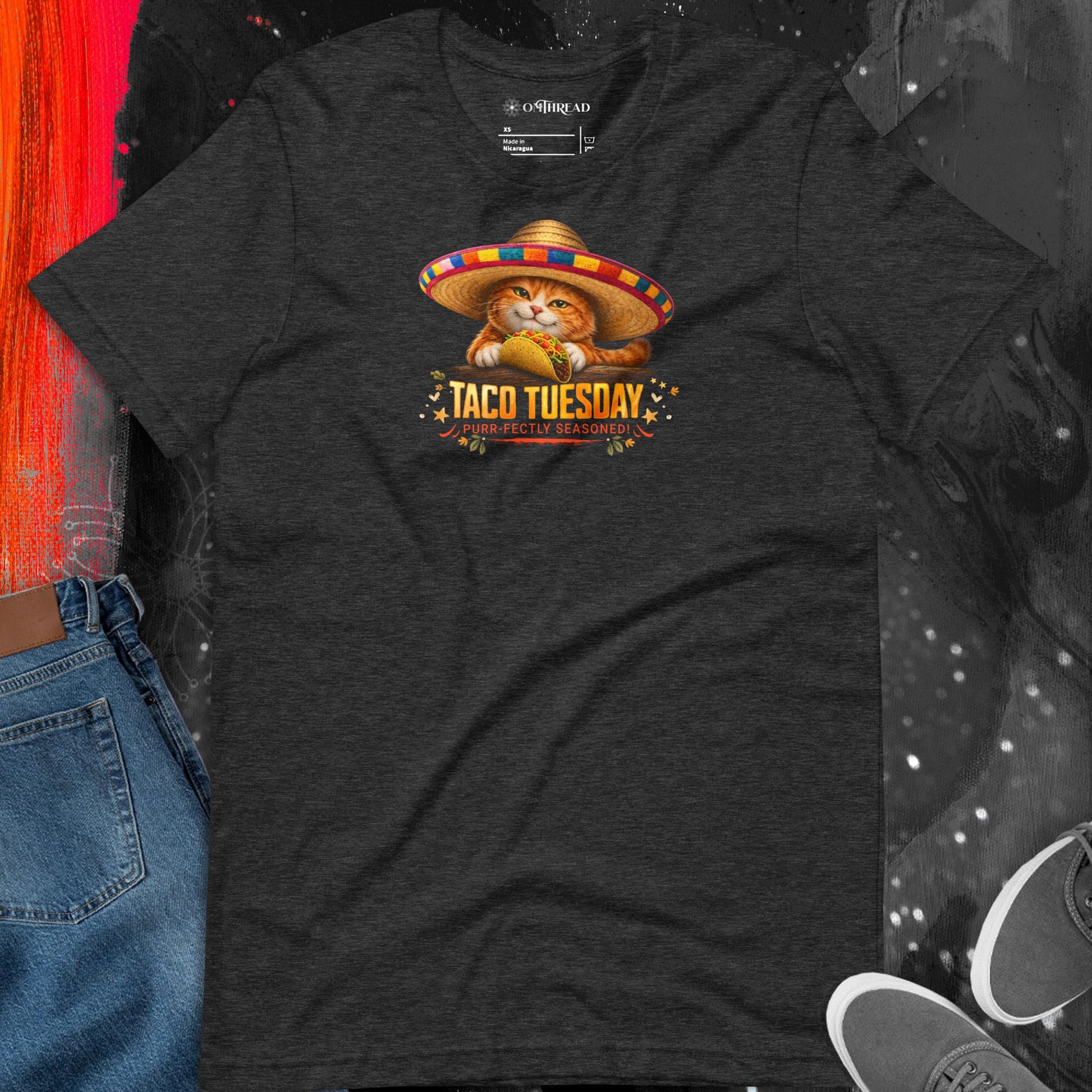 OMTHREAD Taco Tuesday Orange Cat Sombrero Shirt Fiesta Graphic Tee