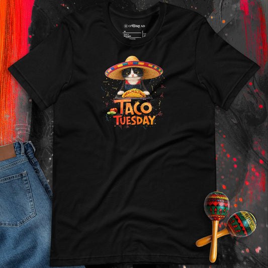 OMTHREAD Taco Tuesday Tuxedo Cat Shirt Funny Sombrero Fiesta Graphic