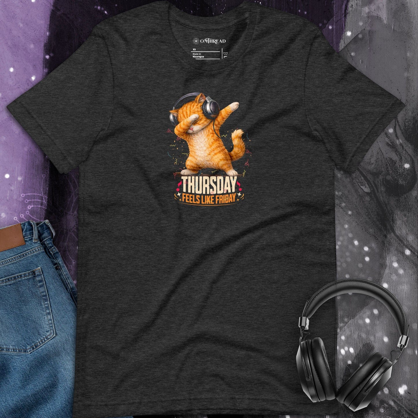 OMTHREAD Thursday Feels Like Friday Dancing Cat Headphones Shirt