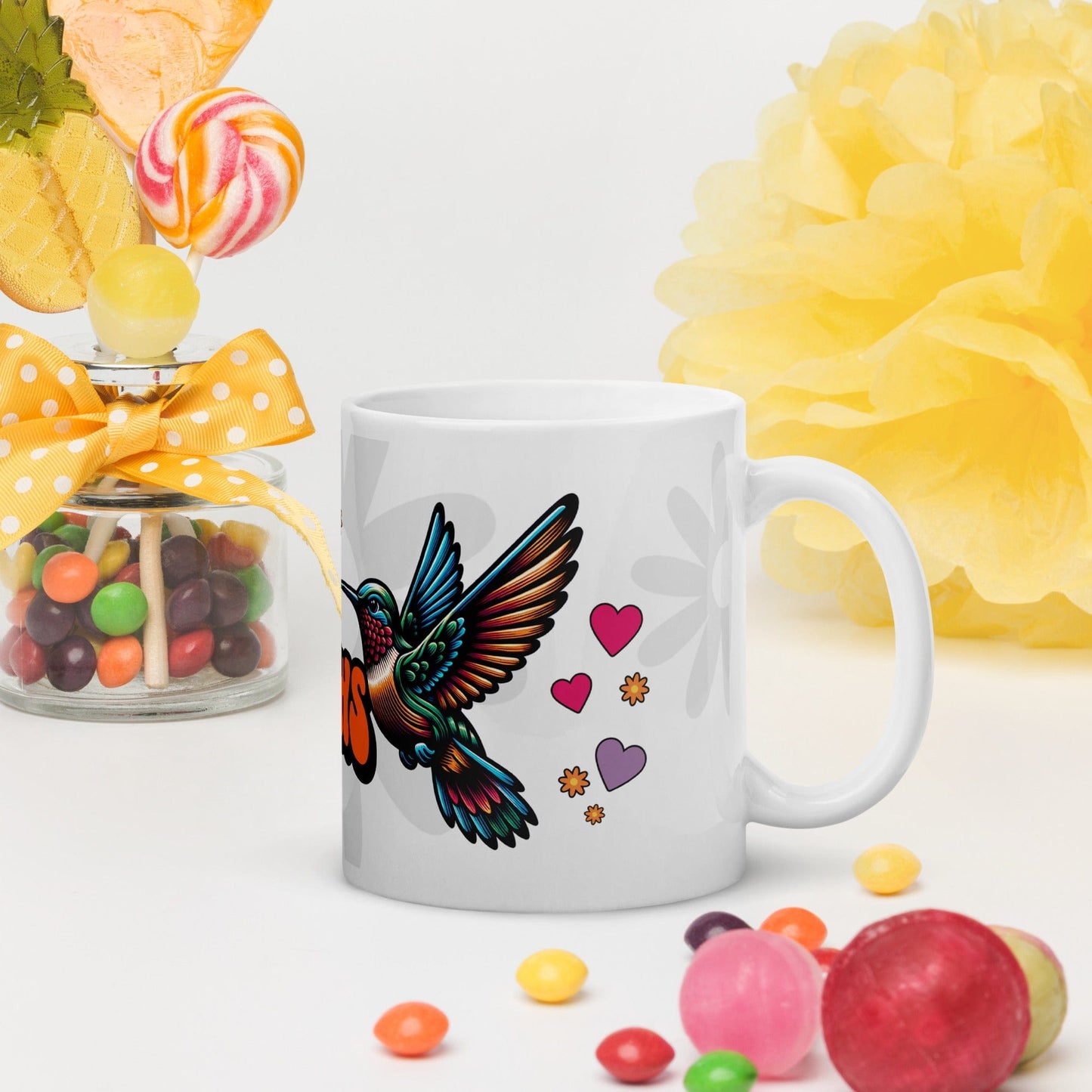 OMTHREAD Tiny Rainbow Hummers - White glossy mug