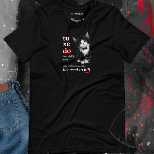 OMTHREAD Tuxedo Cat Shirt Licensed to Kill Funny Spy Graphic Tee