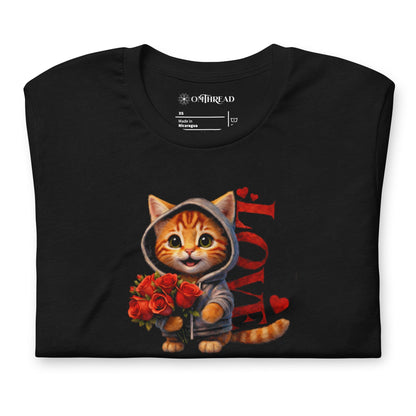 OMTHREAD Valentine Cat With Roses Love Graphic Tee Cute Orange Kitten