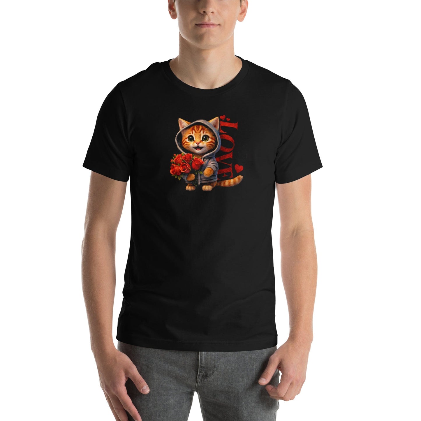 OMTHREAD Valentine Cat With Roses Love Graphic Tee Cute Orange Kitten