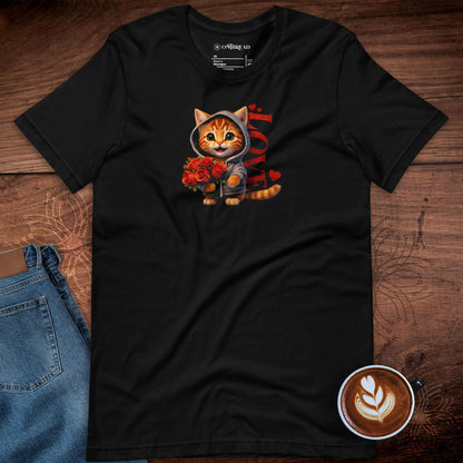 OMTHREAD Valentine Cat With Roses Love Graphic Tee Cute Orange Kitten