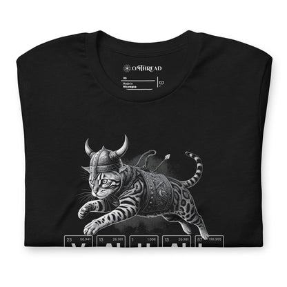 Black t-shirt featuring an illustration of a Viking-style armored cat in mid-leap. Below the cat, the word 'VALHALLA' is spelled out using periodic table elements: Vanadium (V), Aluminum (Al), Hydrogen (H), Aluminum (Al), Aluminum (Al), and Lanthanum (La).