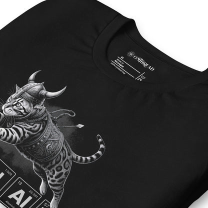 Black t-shirt featuring an illustration of a Viking-style armored cat in mid-leap. Below the cat, the word 'VALHALLA' is spelled out using periodic table elements: Vanadium (V), Aluminum (Al), Hydrogen (H), Aluminum (Al), Aluminum (Al), and Lanthanum (La).