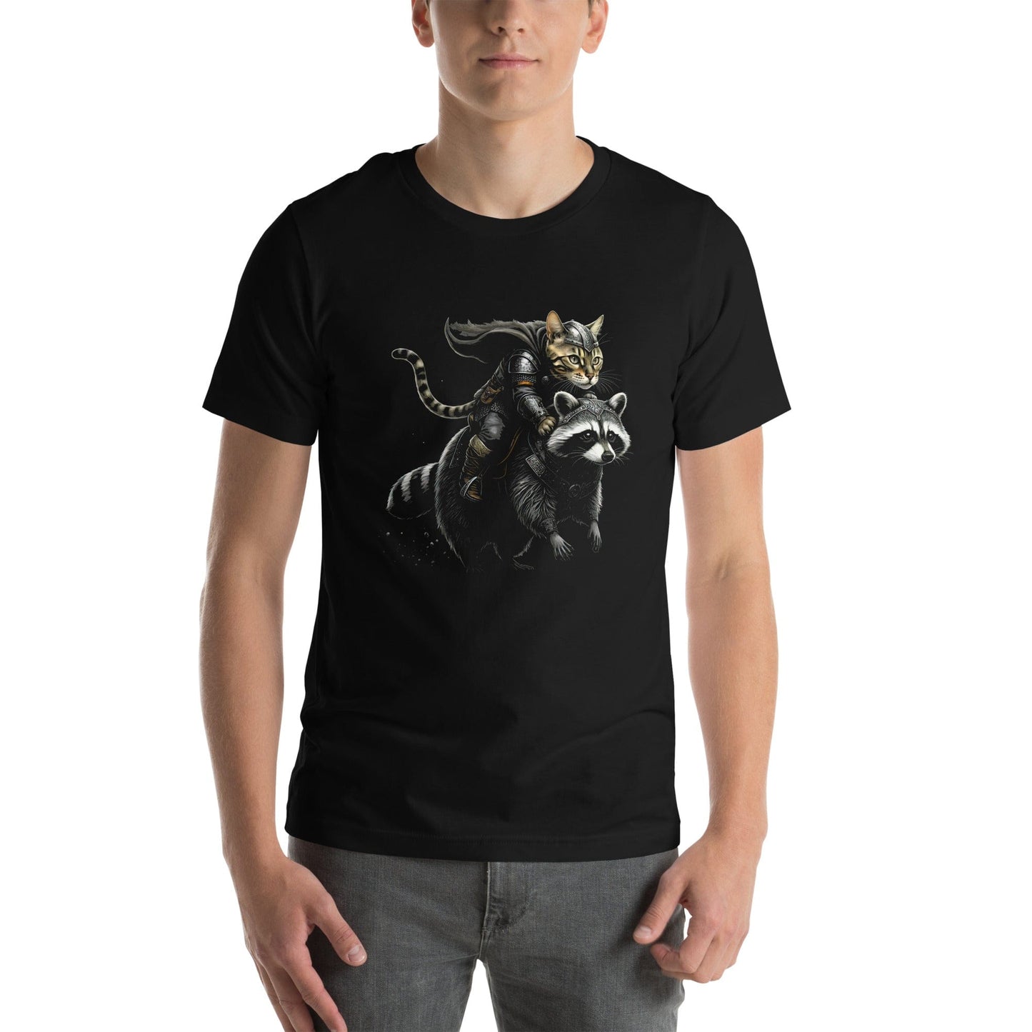 OMTHREAD Viking Bengal Cat Raccoon Rider T-Shirt | Epic Fantasy Animal Graphic Tee