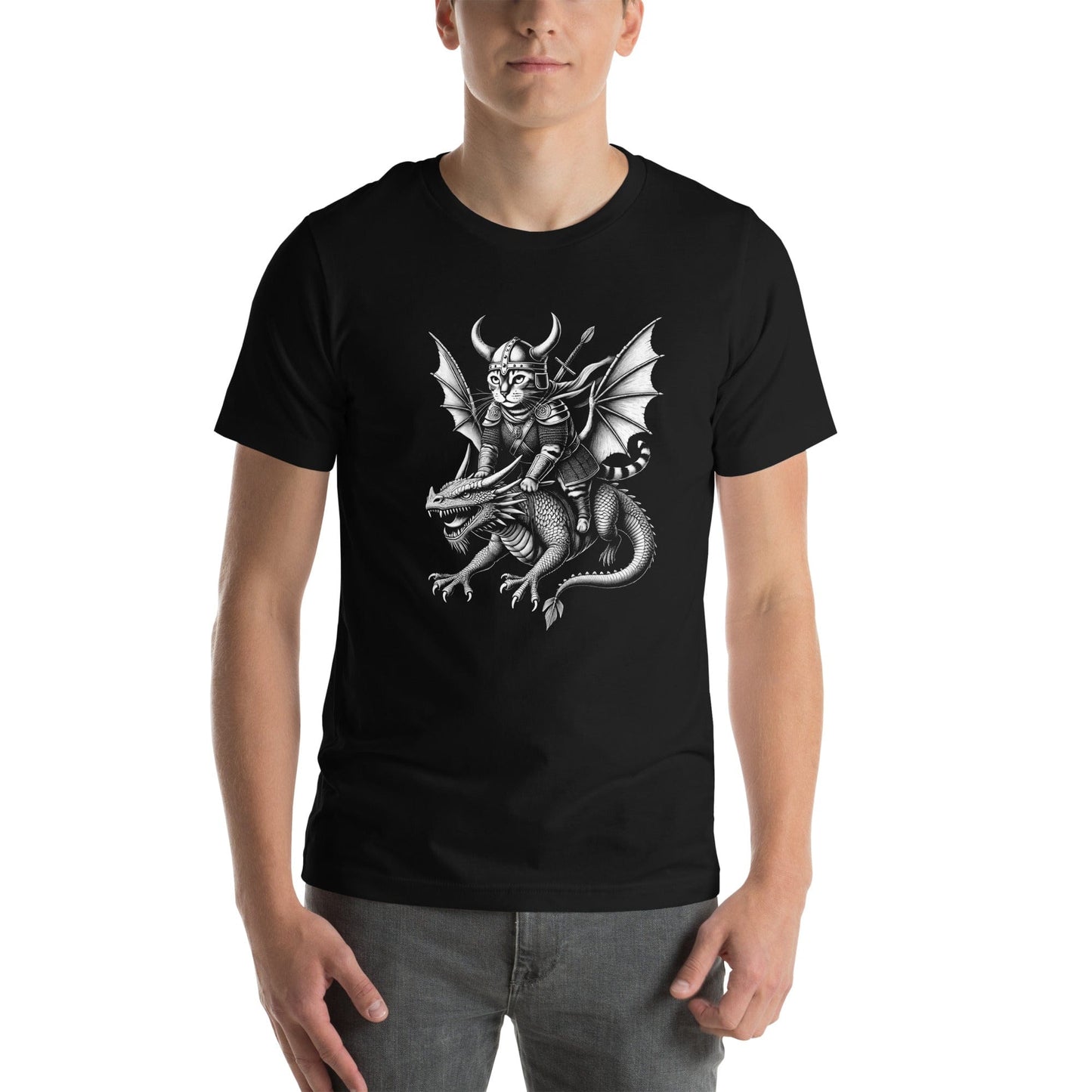 OMTHREAD Viking Cat Dragon Rider T-Shirt | Epic Fantasy Cat Graphic Tee