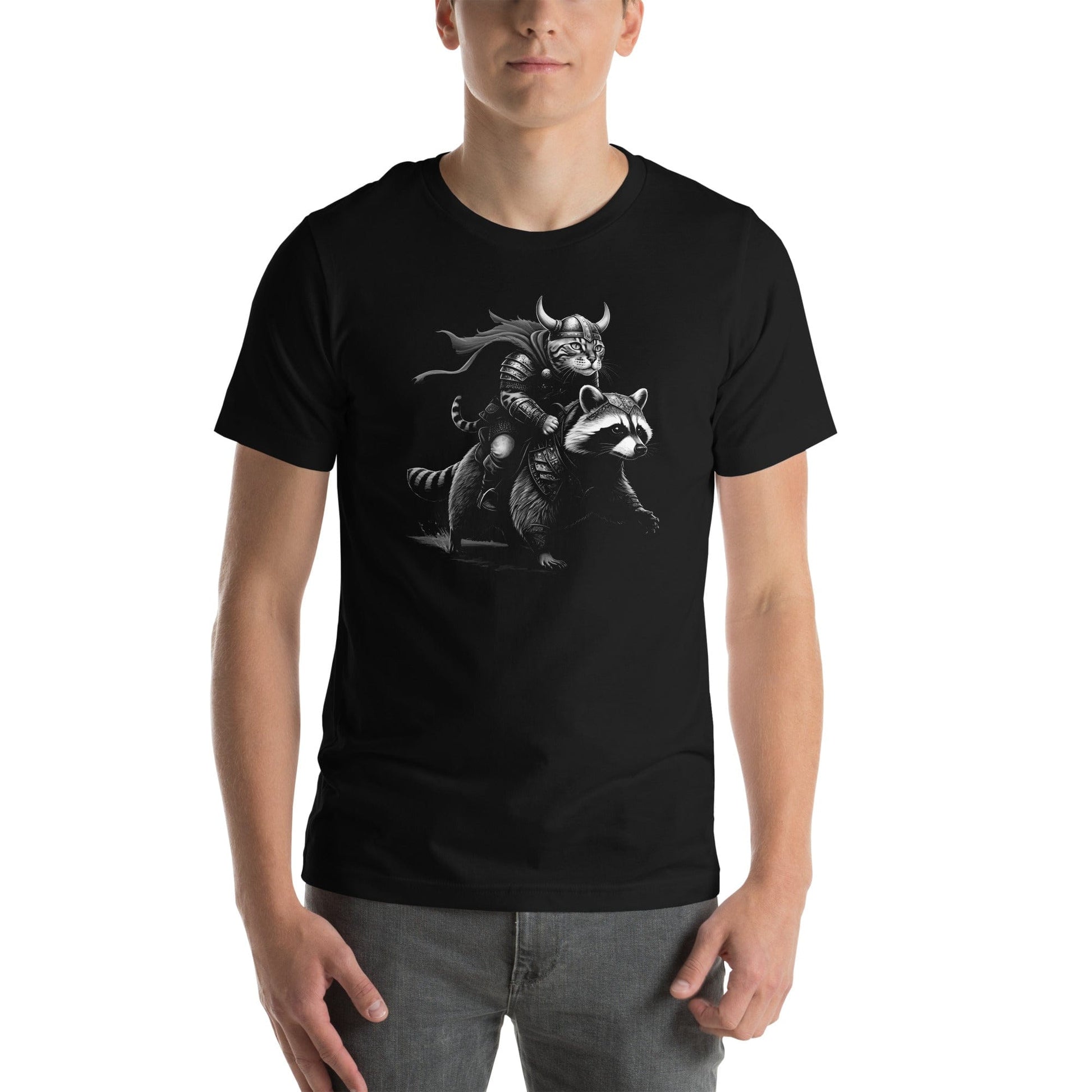 Male model wearing a black t-shirt featuring a Viking-themed illustration of a warrior cat wearing a horned helmet and armor, riding a fierce armored raccoon. 