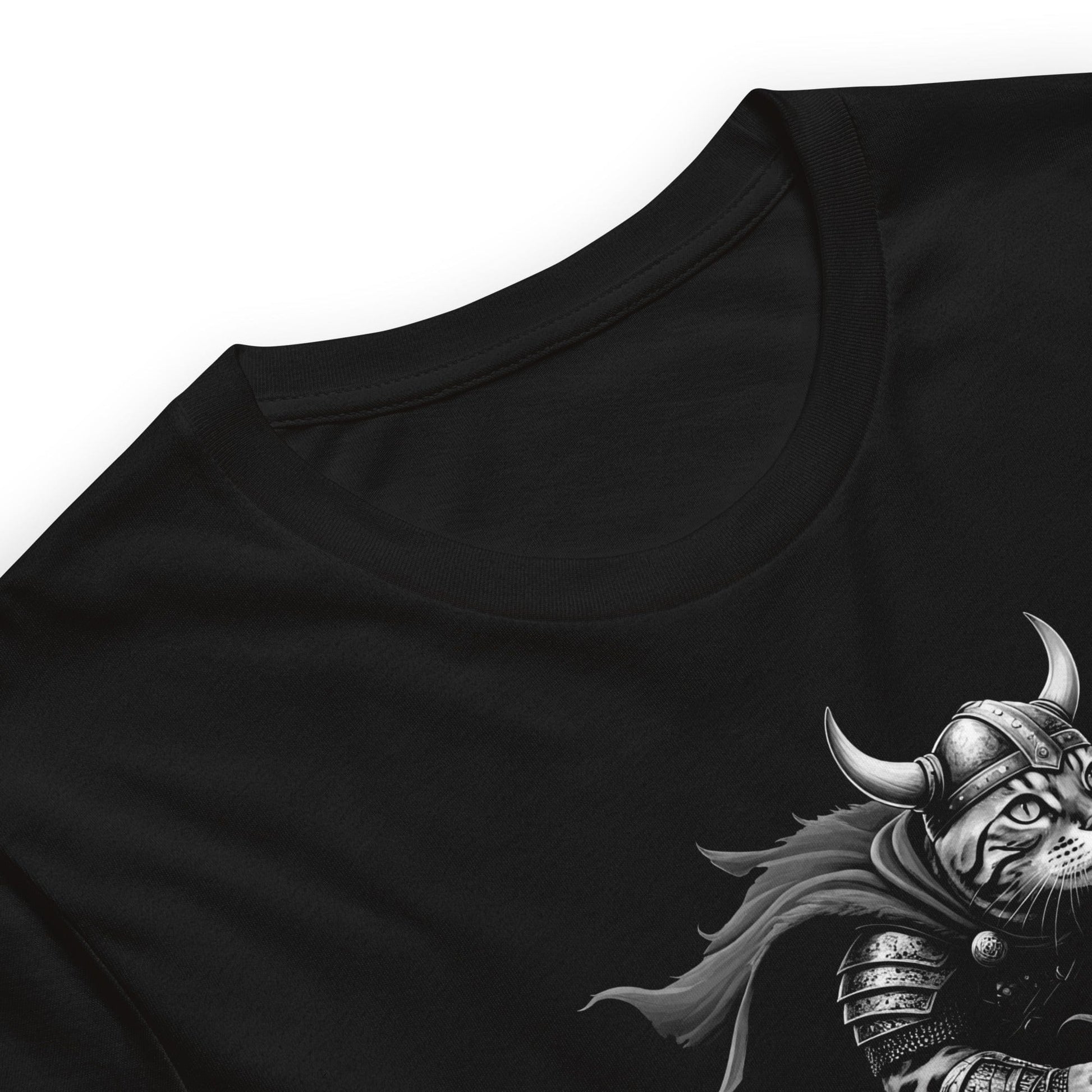 A black t-shirt featuring a Viking-themed illustration of a warrior cat wearing a horned helmet and armor, riding a fierce armored raccoon. 