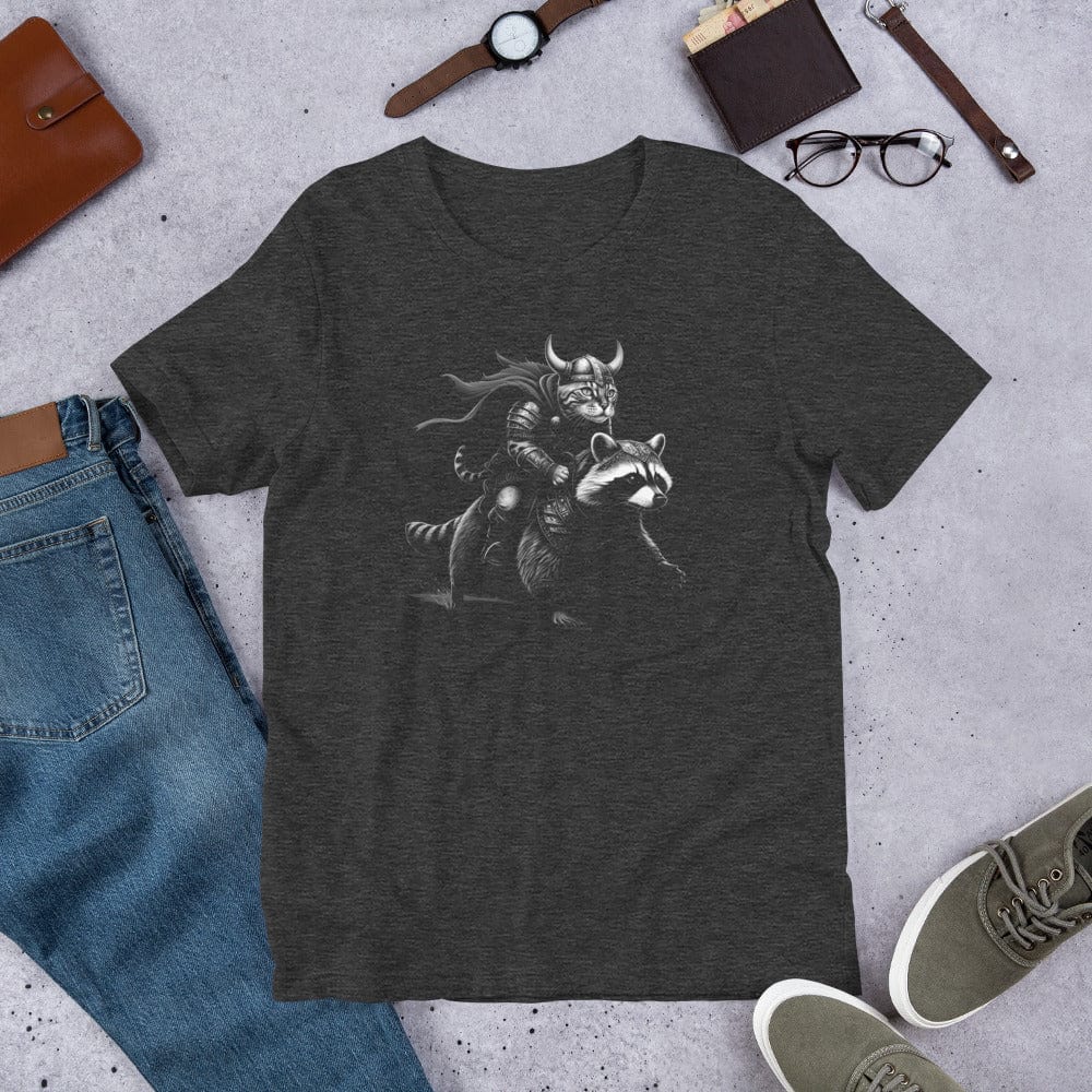 Dark gray t-shirt featuring a Viking-themed illustration of a warrior cat wearing a horned helmet and armor, riding a fierce armored raccoon. 