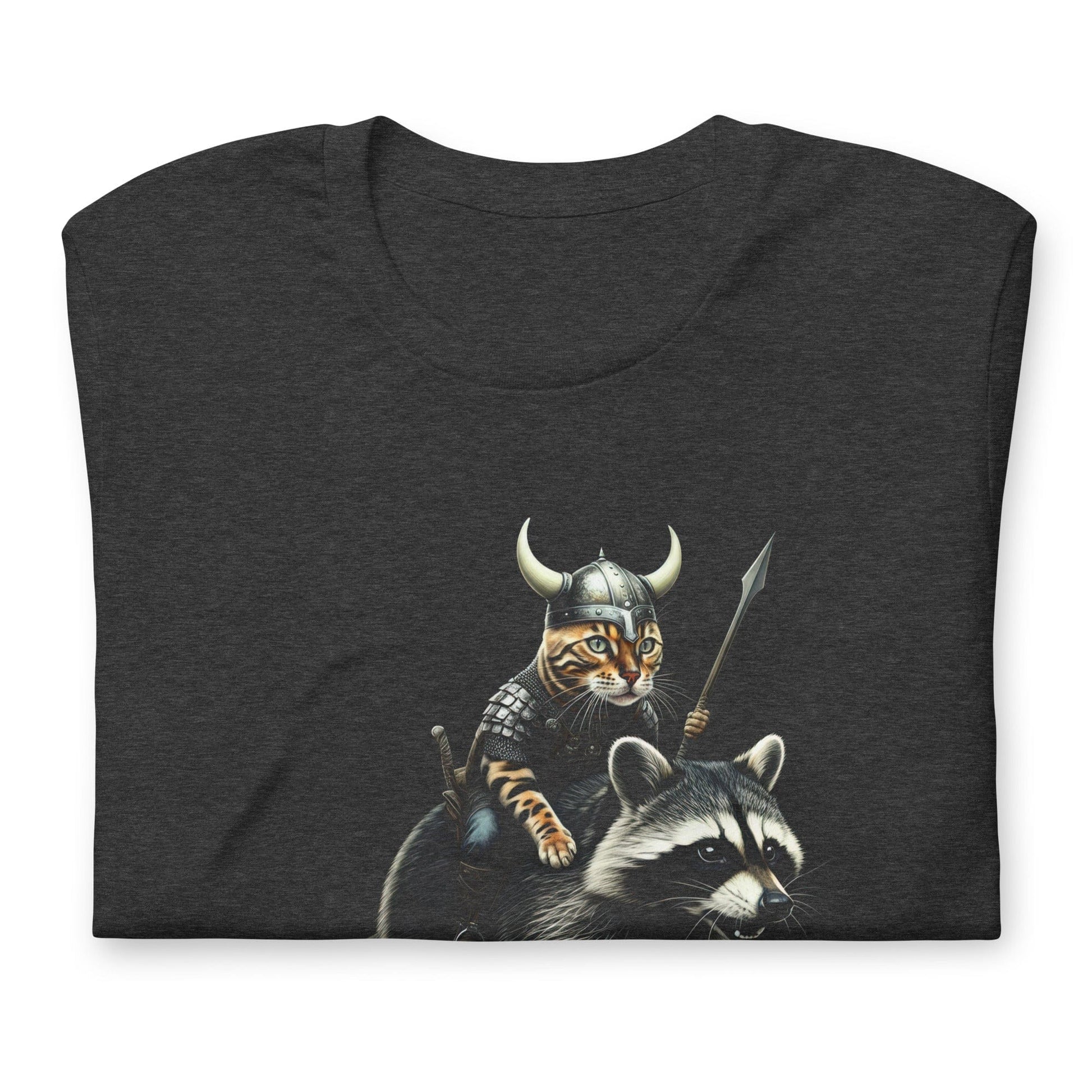 A dark gray t-shirt featuring a detailed illustration of a Viking cat wearing a horned helmet and armor, holding a spear, and riding a fierce-looking raccoon. 