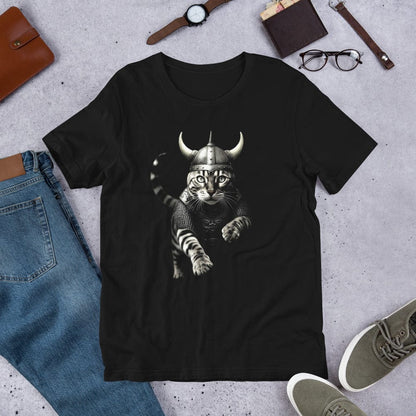 Black t-shirt featuring a detailed illustration of a fierce Viking cat in armor and a horned helmet, mid-stride as if leaping into action. The cat's expression is intense and determined.