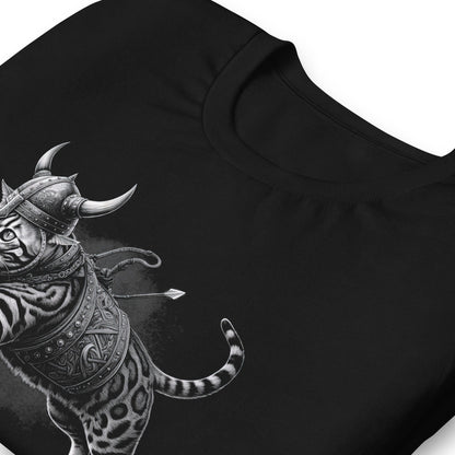 Black t-shirt featuring an illustration of a fierce Bengal cat dressed as a Viking warrior, complete with a horned helmet, armor, and weapons, leaping into action.