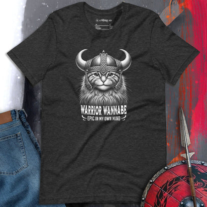 OMThread Warrior Wannabe Cat dark gray T-Shirt featuring a Viking cat with a horned helmet and a majestic beard, humorously captioned Epic in My Own Mind