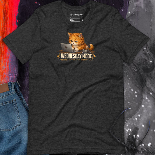 OMTHREAD Wednesday Mode Cat Working on Laptop Funny Coffee Shirt