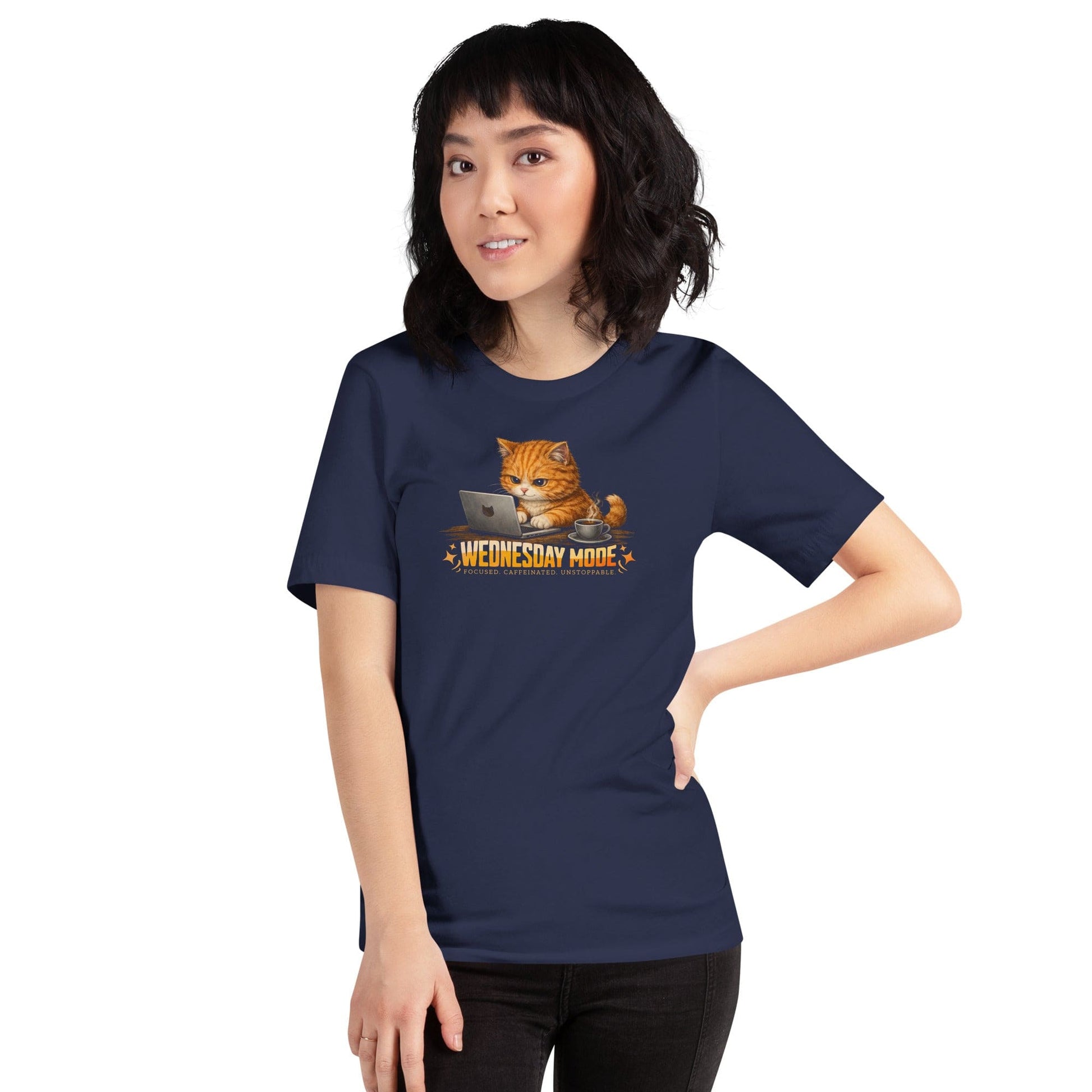OMTHREAD Wednesday Mode Cat Working on Laptop Funny Coffee Shirt