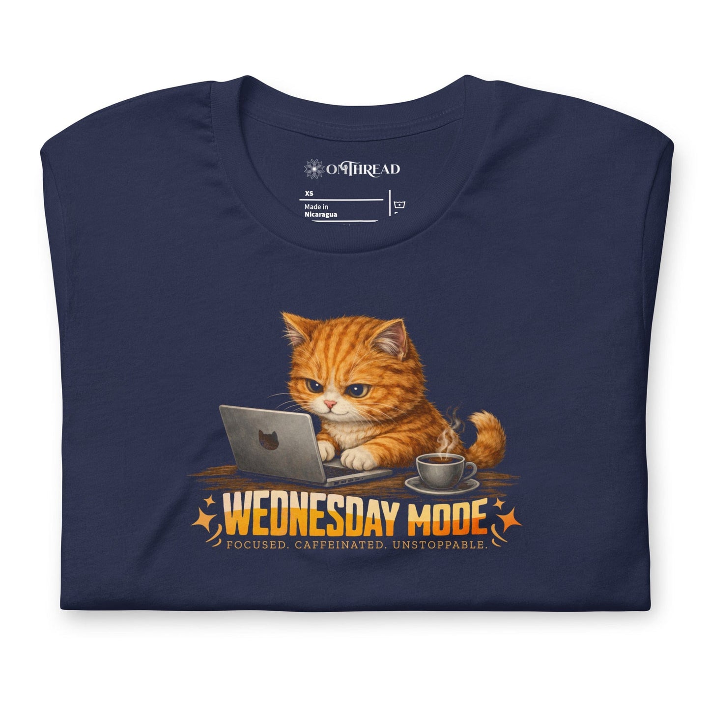 OMTHREAD Wednesday Mode Cat Working on Laptop Funny Coffee Shirt