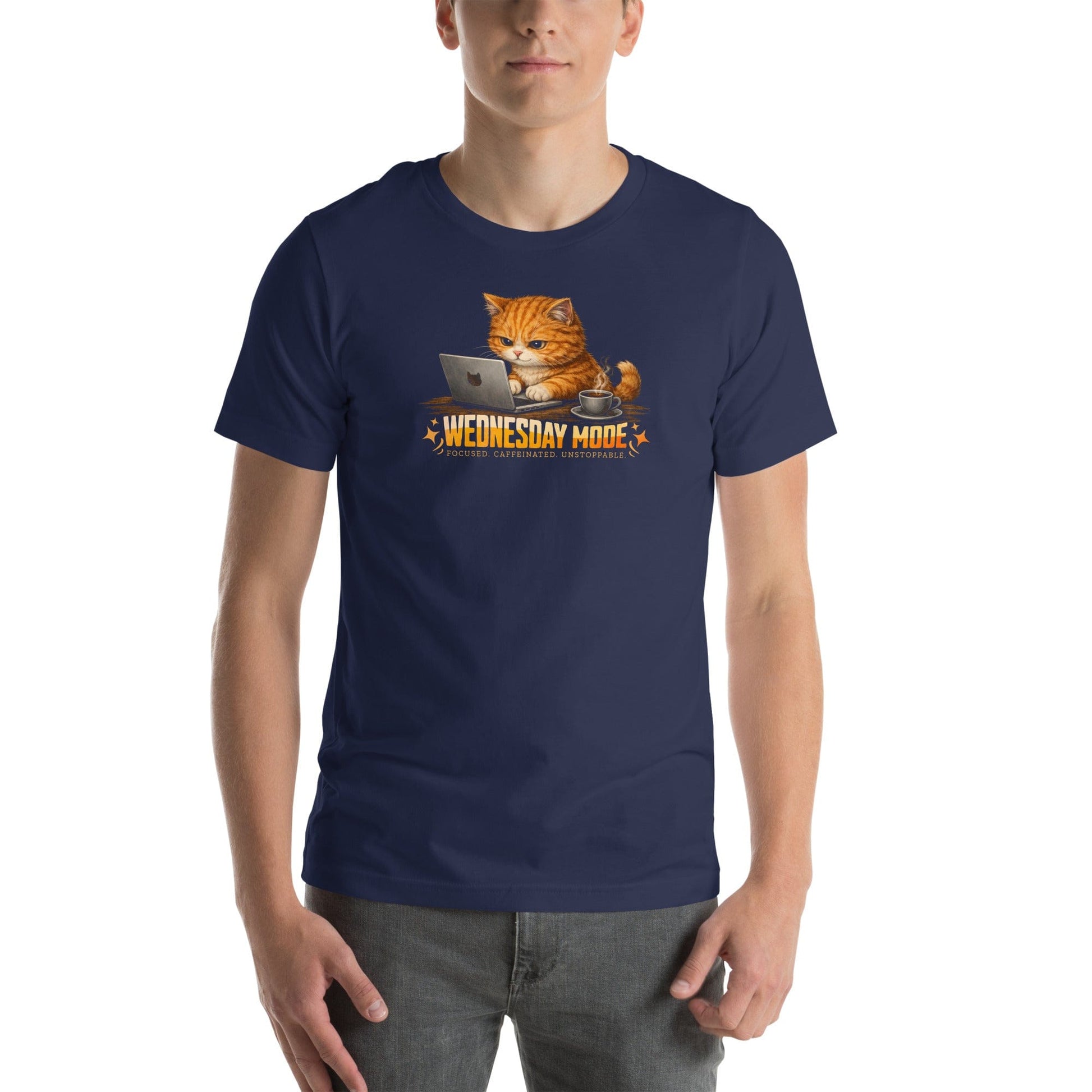 OMTHREAD Wednesday Mode Cat Working on Laptop Funny Coffee Shirt