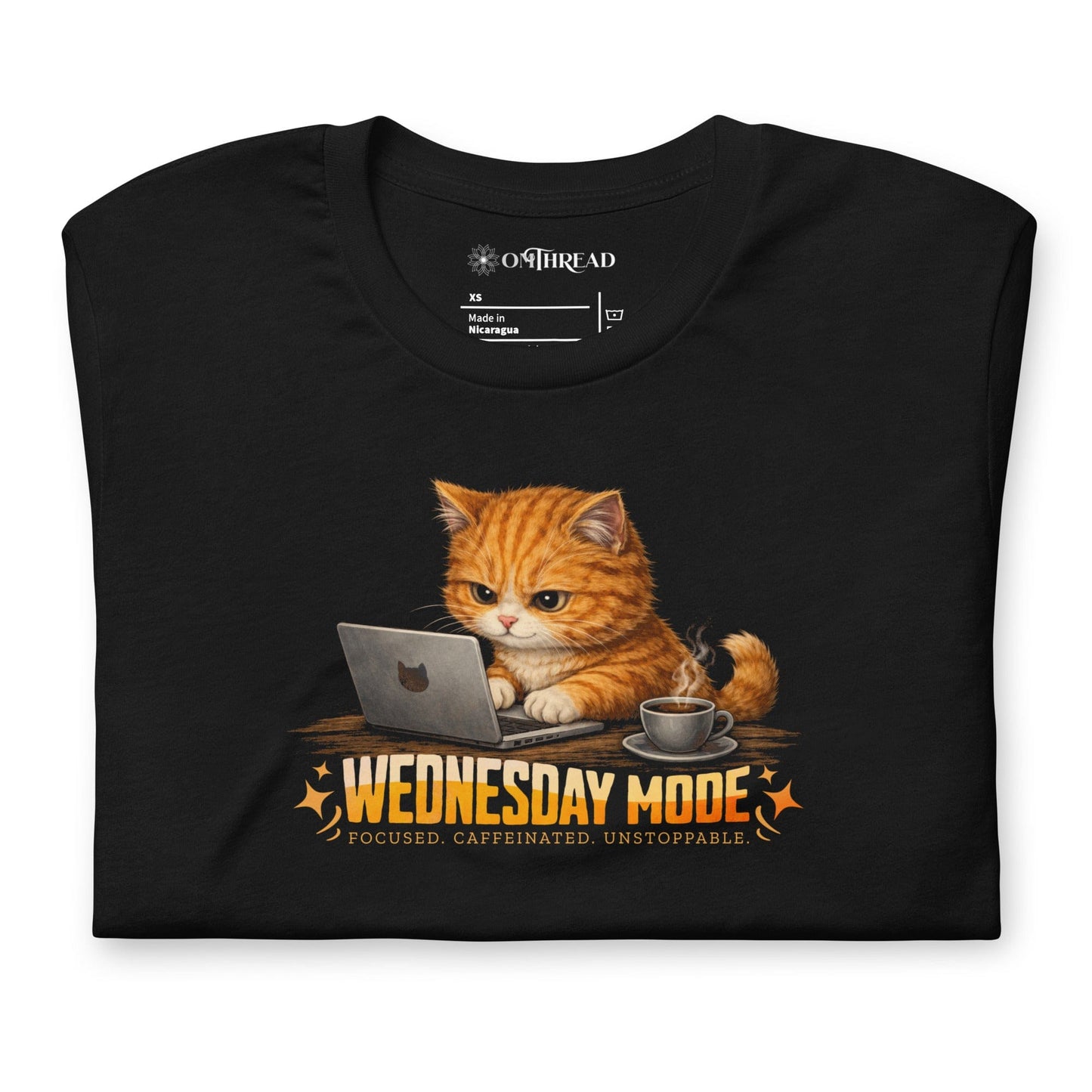 OMTHREAD Wednesday Mode Cat Working on Laptop Funny Coffee Shirt