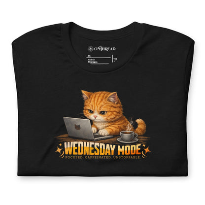 OMTHREAD Wednesday Mode Cat Working on Laptop Funny Coffee Shirt