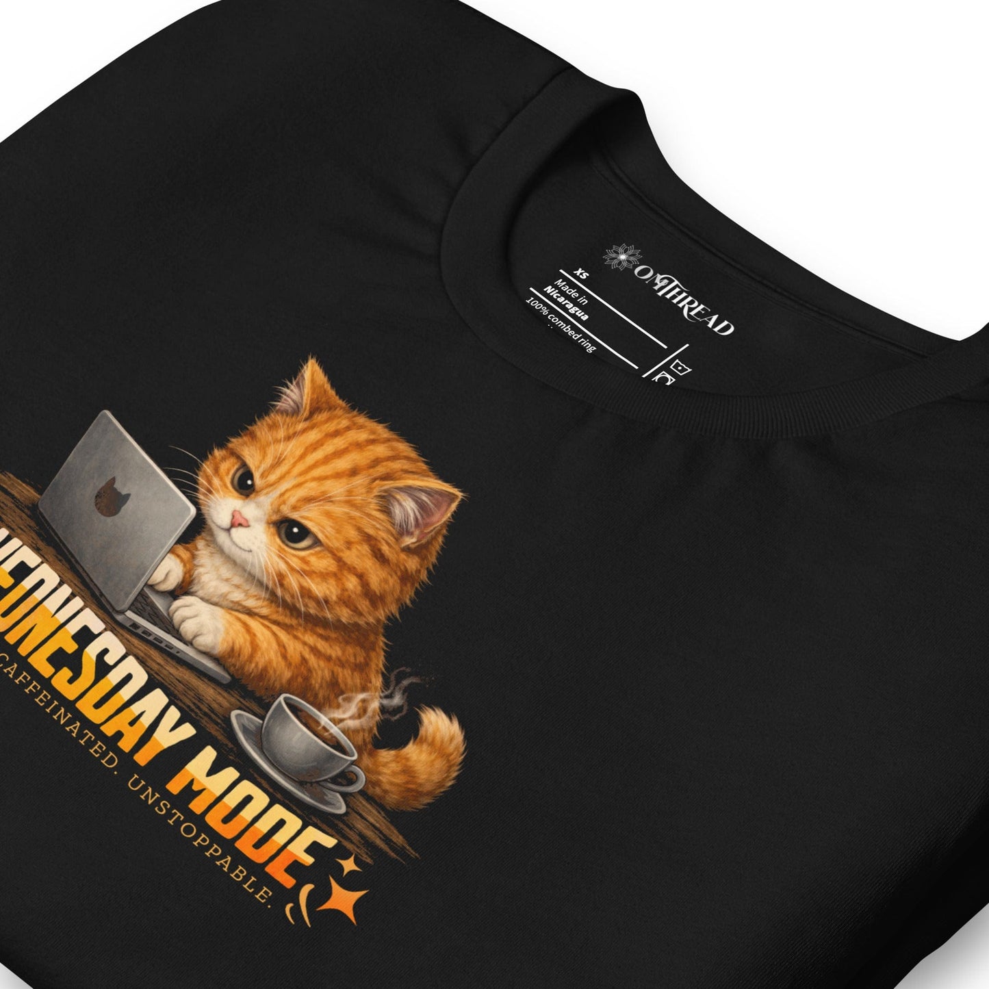 OMTHREAD Wednesday Mode Cat Working on Laptop Funny Coffee Shirt