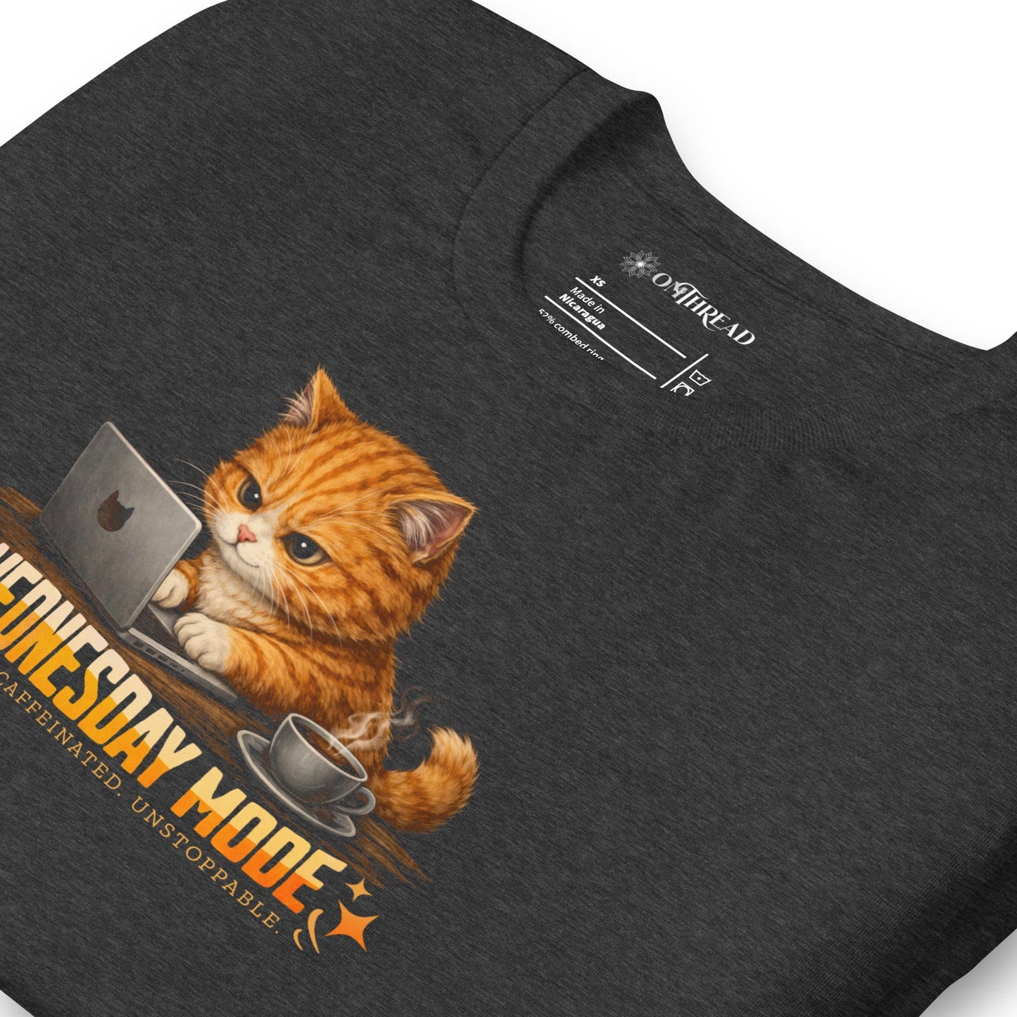 OMTHREAD Wednesday Mode Cat Working on Laptop Funny Coffee Shirt