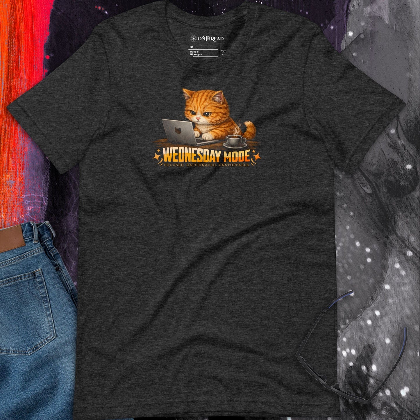 OMTHREAD Wednesday Mode Cat Working on Laptop Funny Coffee Shirt