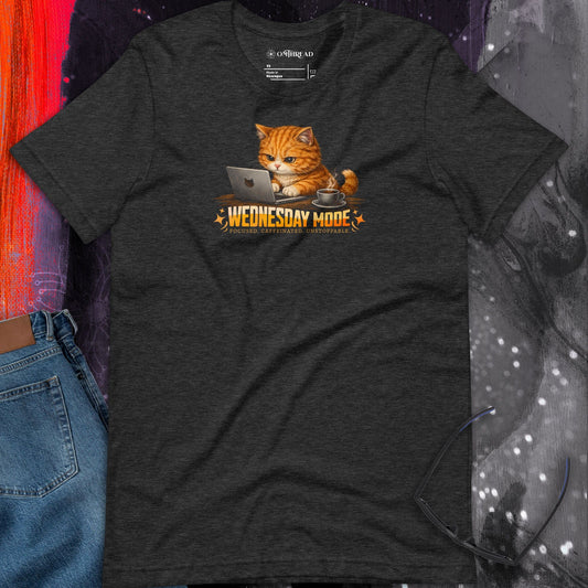 OMTHREAD Wednesday Mode Cat Working on Laptop Funny Coffee Shirt