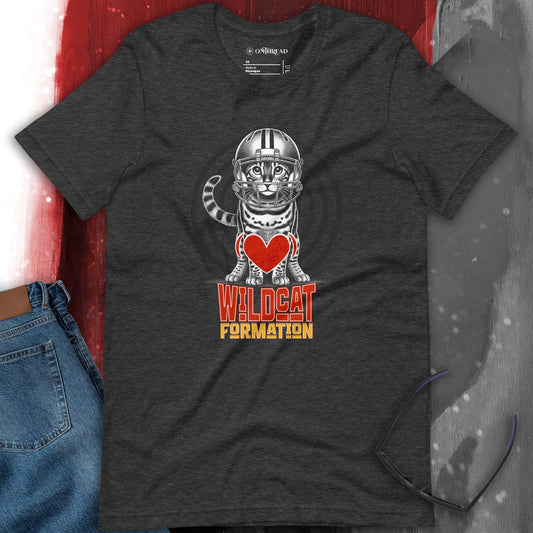 OMThread Wildcat Formation dark gray T-Shirt featuring a Bengal cat wearing a football helmet, standing confidently with a red heart on its chest. Below, the text reads "Wildcat Formation" in bold lettering.