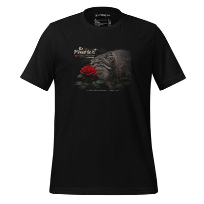 OMTHREAD XS Be Purr-sent Zen Pallas Cat T-Shirt Mindful Wildcat with Red Rose