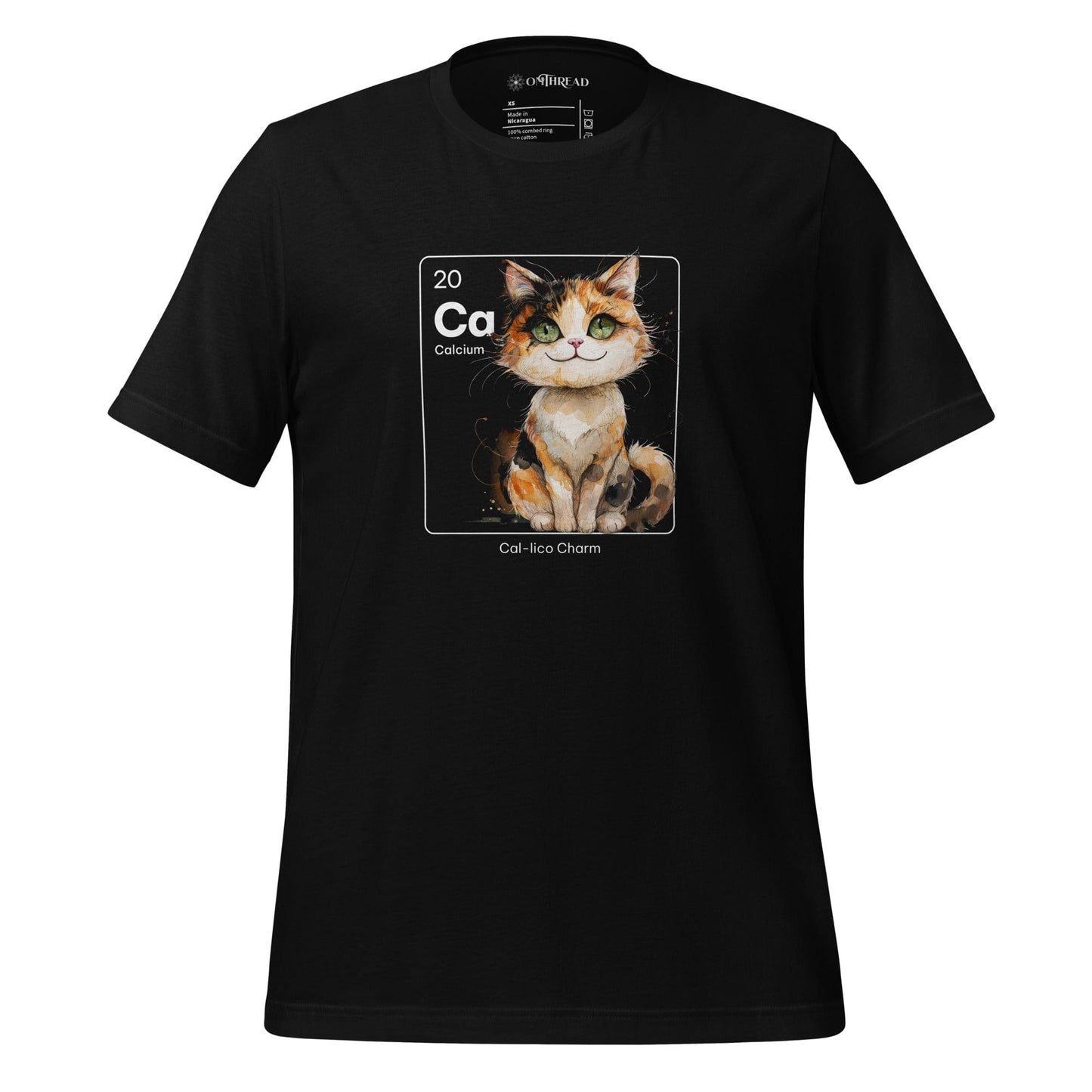 Black t-shirt featuring a periodic table-inspired design of a charming, illustrated calico cat within a square labeled 'Ca' for Calcium. Text below reads 'Cal-lico Charm