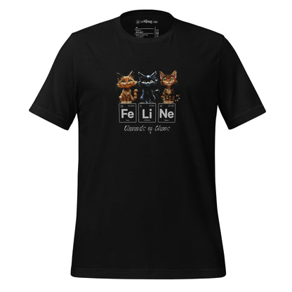 Black t-shirt featuring three mischievous kittens sitting above the word 'FeLiNe,' spelled out using periodic table elements: Iron (Fe), Lithium (Li), and Neon (Ne). Below, the phrase 'Elements of Chaos' is written in cursive font.