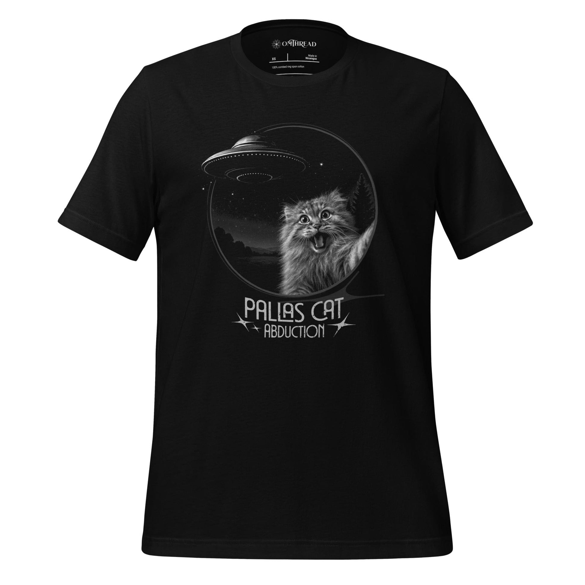 OMTHREAD XS Funny Pallas Cat UFO Abduction T-Shirt Space Cat Manul Sci-Fi