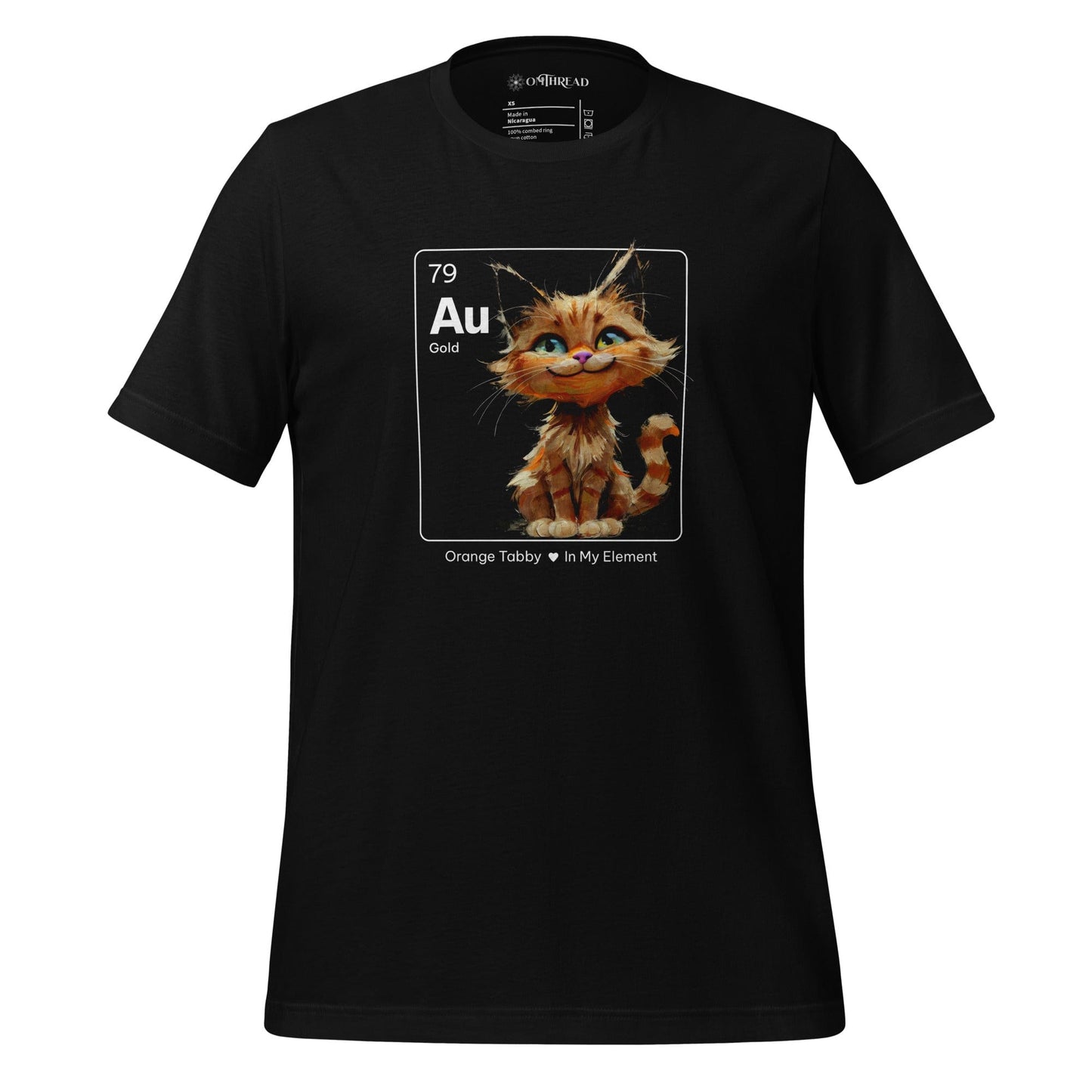 Black t-shirt featuring an orange tabby cat sitting cheerfully inside a square design resembling a periodic table element. The square includes 'Au' for gold, the atomic number 79, and the text 'Orange Tabby In My Element' underneath.