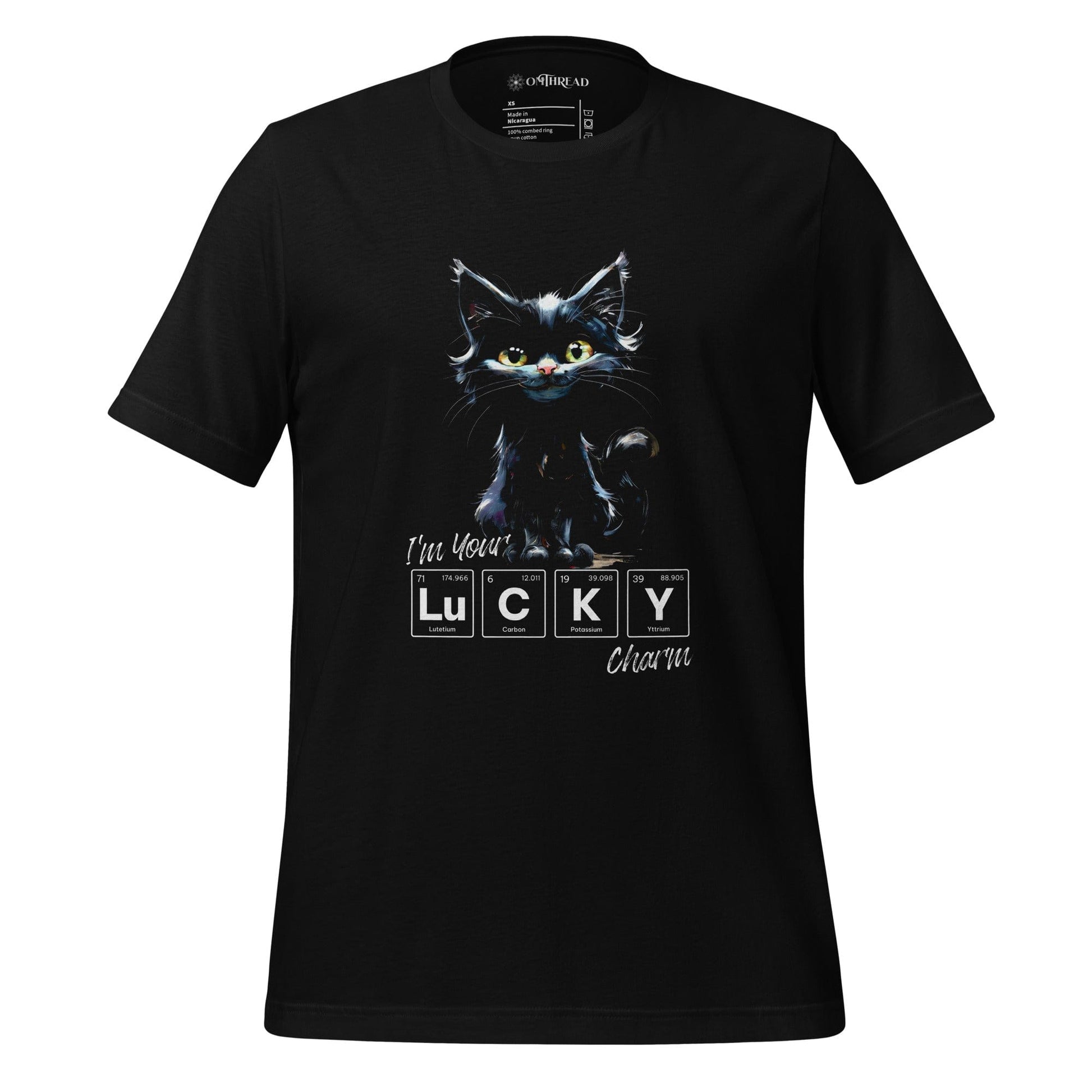 OMTHREAD XS I'm Your LUCKY Charm Cat Tee | Periodic Table Elements Shirt | Cute Black Cat Lover Gift