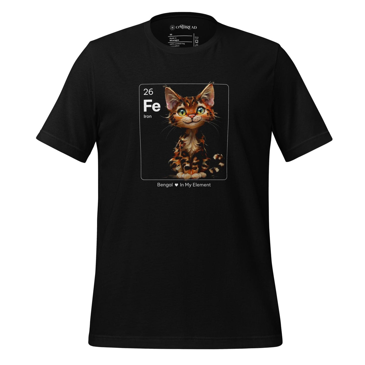 Black t-shirt with a periodic table-inspired design featuring a cute, illustrated Bengal cat within a square labeled 'Fe' for Iron. Text below reads 'Bengal In My Element'