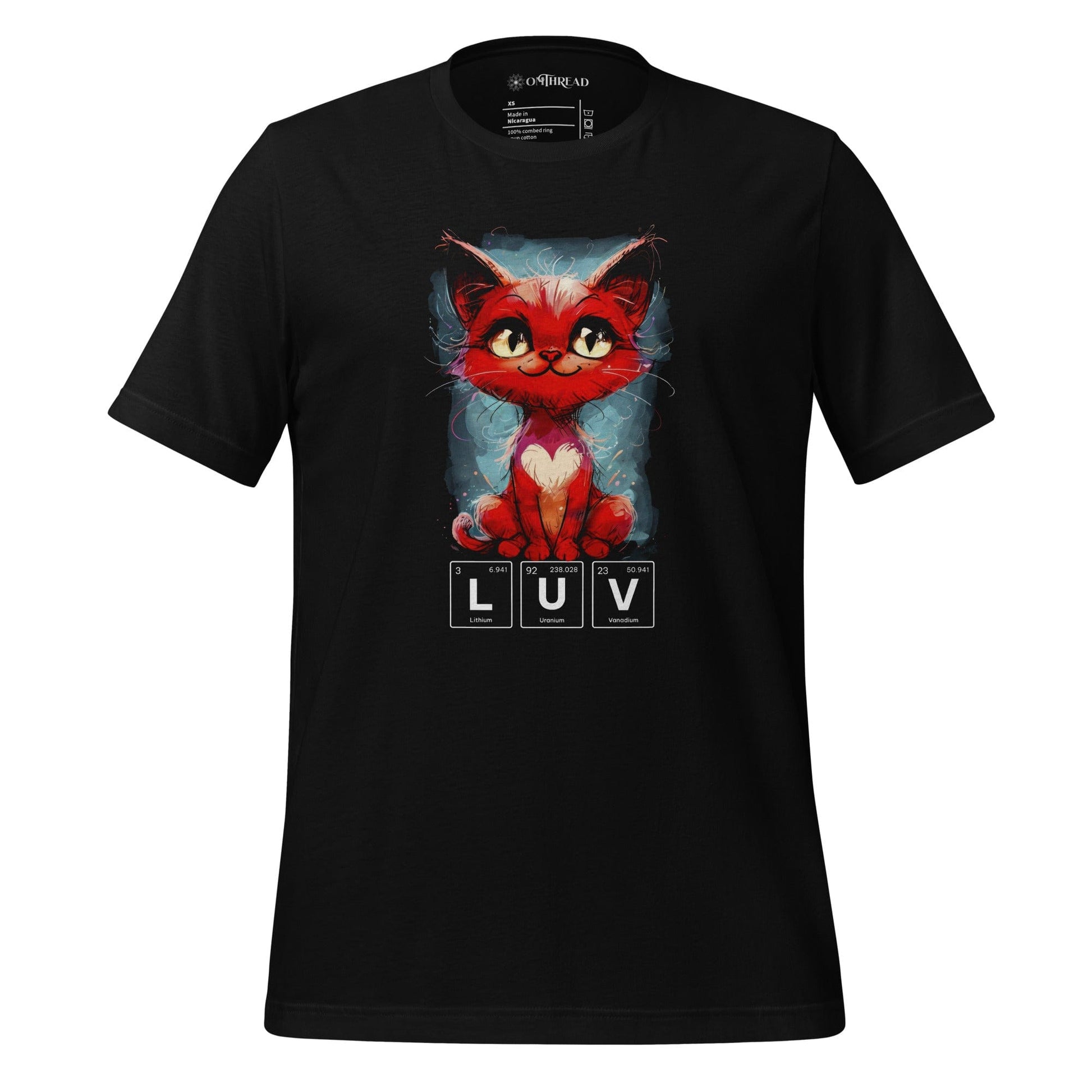 Black t-shirt featuring a vibrant red cartoon cat with bright yellow eyes and a white heart on its chest. Below the cat, the word 'LUV' is spelled out using periodic table elements: Lithium (Li), Uranium (U), and Vanadium (V).