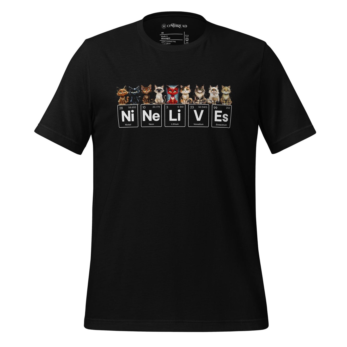 A black t-shirt featuring nine illustrated cats, each with a unique expression, sitting above periodic table elements that spell 'Ni Ne Li V Es' (Nickel, Neon, Lithium, Vanadium, and Einsteinium), representing 'Nine Lives.