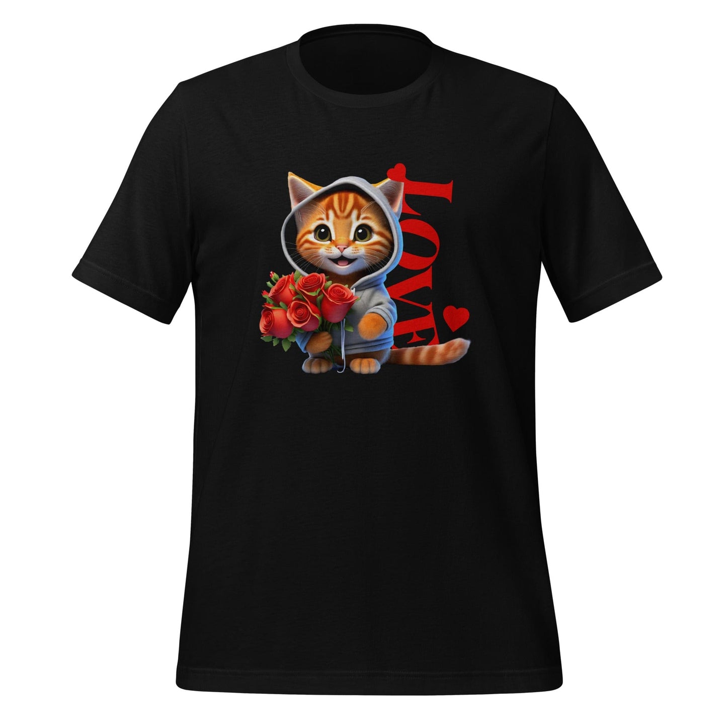 Black t-shirt featuring a cute orange cat in a hoodie holding a bouquet of red roses with a red 'LOVE' text design – OMThread Kitty Love Collection. Cat graphic tee | Cute cat t-shirt design | Feline lovers gift | Pet-themed apparel | Valentine Cat Tee