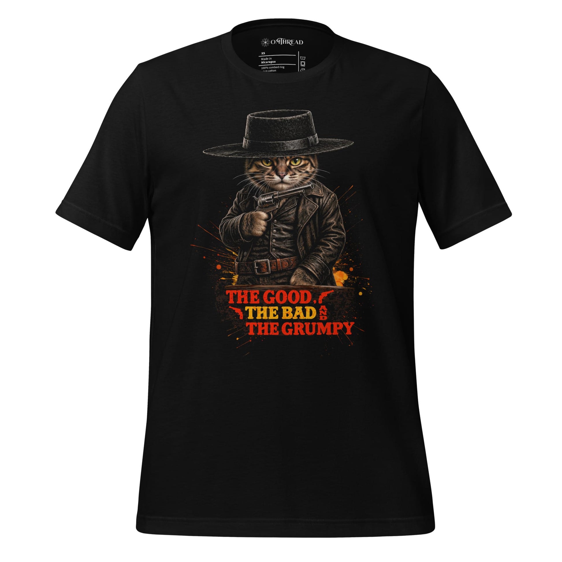 OMTHREAD XS Tabby Cat Gunslinger Cowboy Western Movie Graphic Tee
