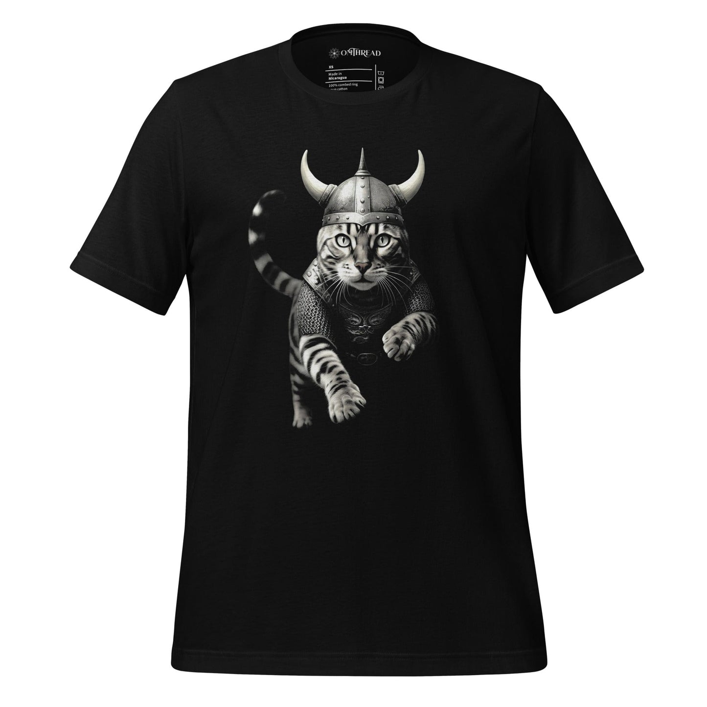 Black t-shirt featuring a detailed illustration of a fierce Viking cat in armor and a horned helmet, mid-stride as if leaping into action. The cat's expression is intense and determined.