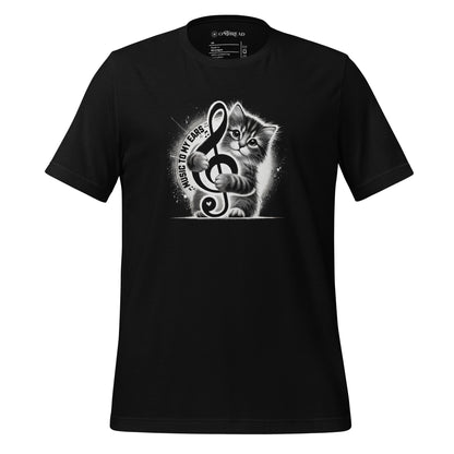 Music to My Ears Cat T-Shirt – Adorable kitten clutching a treble clef on a black tee. Perfect for cat lovers, musicians, and music enthusiasts.