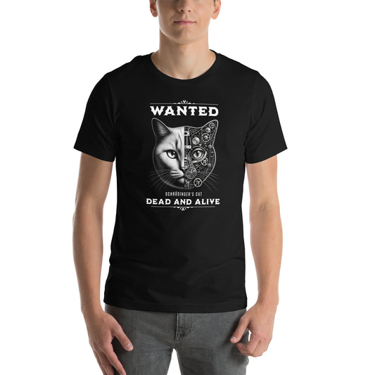 OMThread black t-shirt featuring a retro western wanted poster style Schrodinger cat design with a split realistic and mechanical cat face and quantum dead and alive text